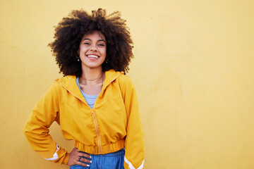 portrait, fashion and mockup with an afro black woman in studio on a yellow background for style. tr