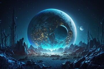 Wall Mural - Super moon in the background galaxy. a large blue moon and stars. Concept of science and astrology. Concept of futuristic technology. Nature, the planet, and the theme of aliens. Investigating human h