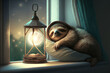 happy and tired sloth sleeps in a bed with pillow window and moon