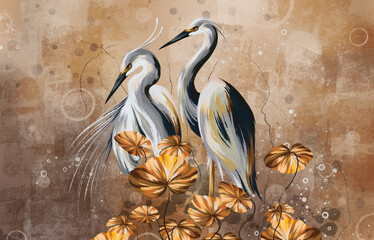 Birds in the leaves, art drawing on a texture background, photo wallpaper in the interior