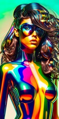 Wall Mural - Neon cyber portrait of a cyborg robot girl, electric flashing colors. Metallic iridescent costume. Futuristic modern woman, fashion concept. Generative AI.