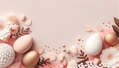 minimalist modern easter: warm pink and white flowers, eggs, and decorations with plenty of blank sp