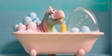 Abstract Pastel Concept Of A Small Baby Dinosaur, A Reptile Lying In A Bathtub And Enjoying A Warm Bath, A Soap And Soap Bubbles. Generative AI.