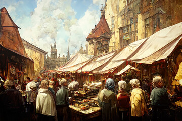 Digital art fantasy: lively food open air market in a medieval city made with generative AI