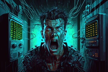 cyberpunk hacker man is an illustration of a shocked man from science fiction using a vintage comput