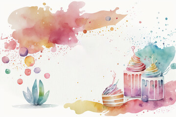 Wall Mural - Party Invitation Cupcakes - Watercolor (Generative AI Art) - with copy space