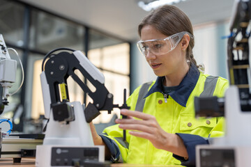 Female engineer training programmable and design AI robot arm simulation in academy robotics automation laboratory room for use in manufacturing or industry