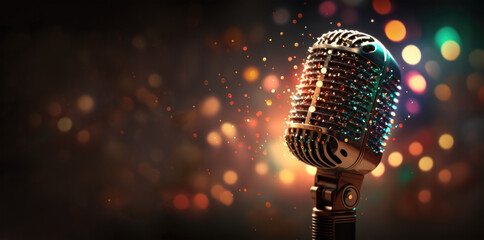 Stage golden microphone on a beautiful blurred background. Ai generative. 