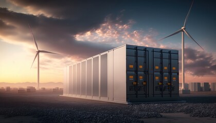 sunset with modern battery energy storage system and background of wind turbines and solar panel pow
