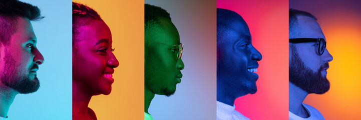 Collage of profile view faces of young men and women looking ahead over multicolored background in neon light. Concept of emotions, facial expression, fashion, beauty.