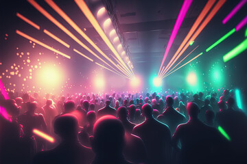 Wall Mural - Silhouette of people at concert or music festival with neon lights. AI