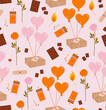 Seamless pattern of valentine's day elements. Romantic objects. Gift box, balloons, rose, chocolate, matchbox. Concept of valentine's day, romance, love. 
