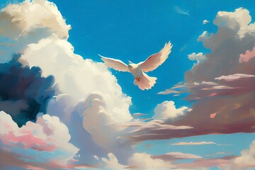 Wall Mural - A painting of a sky with clouds and a white bird flying in the sky with a blue sky in the background and a white bird in the foreground with a pink and blue sky. Generative AI