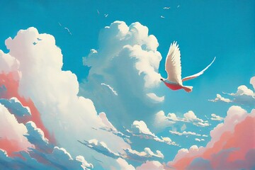 Wall Mural - A painting of a sky with clouds and a white bird flying in the sky with a blue sky in the background and a white bird in the foreground with a pink and blue sky. Generative AI