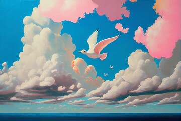 Wall Mural - A painting of a sky with clouds and a white bird flying in the sky with a blue sky in the background and a white bird in the foreground with a pink and blue sky. Generative AI