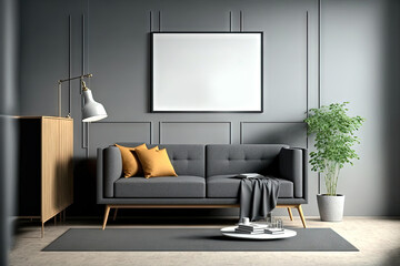 A cozy, comfortable sofa, a glass lattice screen, a sideboard, a poster on a gray wall, and a concrete floor are all features of a contemporary living room. simple Scandinavian style. a mockup