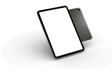 Modern tablet computer stand with blank screen isolated on white background