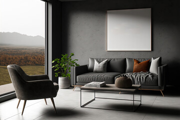 Canvas Print - Interior of a dark living room with a couch and two armchairs, side view, coffee table, and drawer with decorations; the floor is grey concrete. expansive view of the countryside mockup of a grey, bla