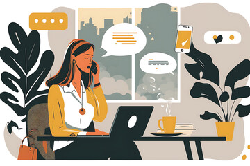 Flat vector illustration Businesswoman chatting on mobile phone with laptop  