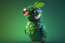 A Cute Green Bird With Sunglasses On Its Head Standing In Front Of A Green Background, Generative AI