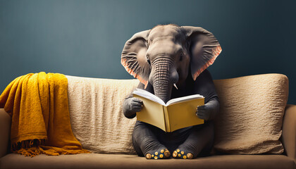 elephant reading book on sofa, learning and knowladge concept, Generative ai