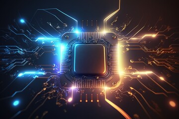 futuristic microchip processor. quantum computer, big data processing, database concept. development