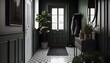 Contemporary nordic home entry hall with polished concrete floors, Scandinavian design, generative ai, with dark and moody green color, stylish indoors luxury decorative entryway