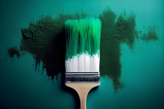 pinsel mit grüner farbe isoliert auf weißen hintergrund mit platzhalter. wandfarbe zum renovieren - 