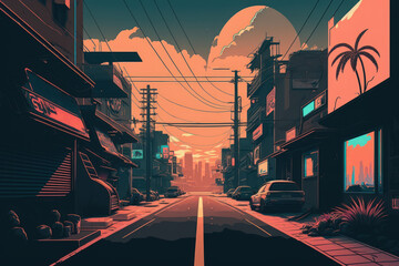 Poster - Illustration of a futuristic city street in the cyberpunk style. Generative AI