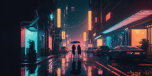 Neon Lights Illuminate A Rainy, Pitch Black Street At Night In A Cyberpunk Future City. Generative AI