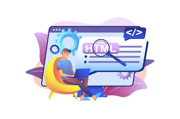 HTML programming violet gradient concept with people scene in the flat cartoon design. Programmer writes code for sites using HTML.