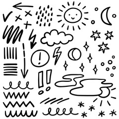 art journal doodle lines arrows weather graphic monochrome vector elements isolated on white background