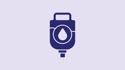 Sticker - Blue IV bag icon isolated on purple background. Blood bag. Donate blood concept. The concept of treatment and therapy, chemotherapy. 4K Video motion graphic animation