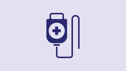 Poster - Blue IV bag icon isolated on purple background. Blood bag. Donate blood concept. The concept of treatment and therapy, chemotherapy. 4K Video motion graphic animation