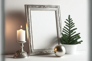 Poster - Christmas greeting card mockup or vintage style silver photo frame with a candle, metal ball, and ornamental fir tree. o Copy space on a white backdrop. Generative AI