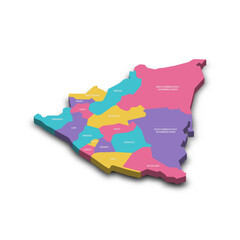  Nicaragua political map of administrative divisions - departments and autonomous regions. Colorful 3D vector map with dropped shadow and country name labels.