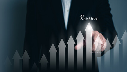Wall Mural - Revenue growth, increase revenue and profit concept, businessman is calculating income and return on investment in percentage and touching virtual graph, financial, income, tax, stock market, chart.