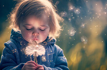Spring Conceptual Image Of A Girl Making A Wish As She Is Blowing A Dandelion Outside In A Meadow. Illustration Created With Generative AI Tools.
