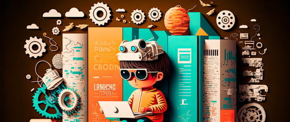 kid coding computer programming paper cut banner, generative ai