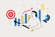 © DesignSells - Business target line concept with people scene in the flat cartoon style. Manager explains to employees what they need to focus their attention on at work. Vector illustration.