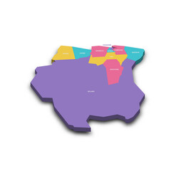  Suriname political map of administrative divisions - districts. Colorful 3D vector map with dropped shadow and country name labels.