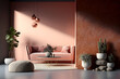 Modern cozy living room with monochrome pink and terracotta wall. Contemporary interior design with earth tones wall color, sofa, table and cactus. . Generative AI.