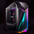 concept design of gaming workstation station custom pc computer build with glass windows and RGB rainbow led