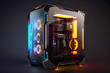 concept design of gaming workstation station custom pc computer build with glass windows and RGB rainbow led