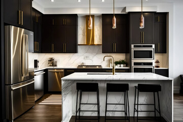 stunning modern kitchen with sleek cabinets and marble countertops, generative ai