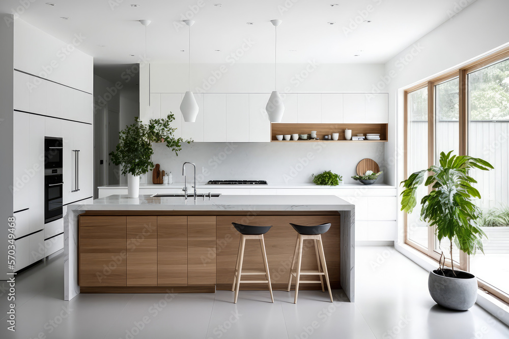 Timeless minimalist kitchen design with a wooden island and white ...