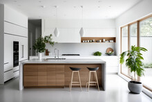 Timeless Minimalist Kitchen Design With A Wooden Island And White Cabinetry, Generative Ai