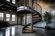 © aicandy - Industrial Foyer with Metal Curved Staircase and Exposed Ductwork , generative ai