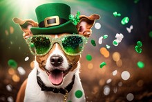 Happy Dog Wearing St. Patrick's Day Costume. Festive Funny Banner With Copy Space. Generative AI Illustration