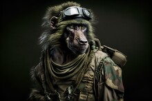 Portrait Of A Baboon Monkey Dressed In A Tactical Military Uniform, Generative Ai